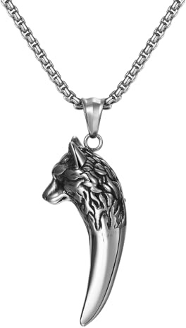 JewelryWe Collar Diente Lobo Hombre: Colgante Vikingo Vintage de Plata de Acero Inoxidable Cabeza de Lobo Hipoalergénico Antialérgico - Para Uso Diario Regalo