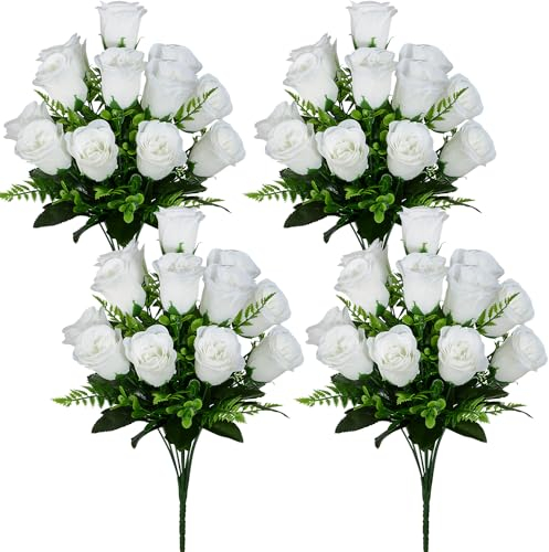 SIFOEL Ramo de Flores de Rosa Artificial Realista Rosa de Seda Flores Falsas para Boda casa centros de Mesa Fiesta Cementerio Tumba decoración (4, Blanco)