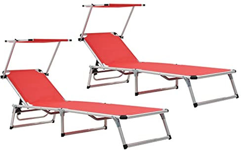 FUDUGEHMIOFWFJJ liegestuhl,liegestuhl Garten,saunaliege,Klappbare Sonnenliegen mit Dach 2 STK. Aluminium Textilene RotGeeignet für Garten, Pooldeck, Terrasse, Wohnzimmer