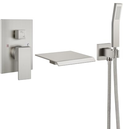 Aolemi Wall Mount Tub Taps Brushed Nickel Waterfall Tub Filler with Handheld Shower Single Handle Solid Brass Tub Faucets with Rough-in Valve Shower Taps Set