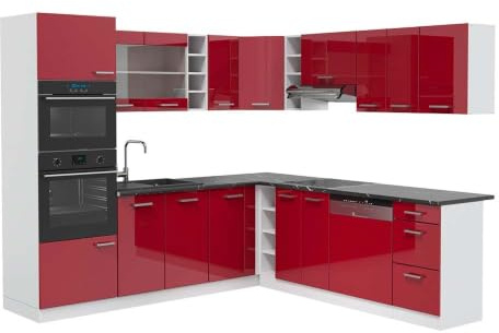 Vicco Eckküche R-Line, Rot Hochglanz/Weiß, 247 x 237 cm | 14 Module · Höhenverstellbare Füße · AP Anthrazit inkl. · Robuste Fronten · Mit Backofen-/Mikrowellenschrank