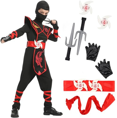 XCMVCN Costume de Ninja pour Enfants, Ensemble d'accessoires de 14 pièces Costume de Ninja, Ensemble de Costume de Ninja Cosplay pour fête d'Halloween et de Carnaval (Noir + Rouge, XL)