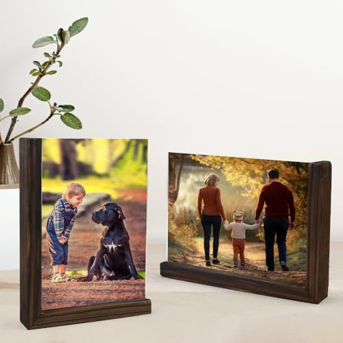 YBCCBY 2er Set Bilderrahmen Holzsockel Fotorahmen Holz L Förmigem Photo Frame 13x18cm Holzbilderrahmen Vintage mit 2 Doppelseitig Transparent Acryl Glas Fotos Tischaufsteller für die Tischplatte