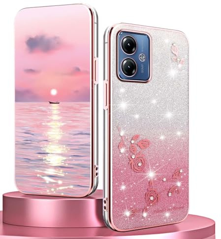 BORYA Silicona Funda para Motorola Moto G14, Ultradelgado Antigolpes Carcasa, Suave TPU Estuche, Elegante Galvanoplastia Brillo Flores Caso con Tarjeta Gradiente, Rosa