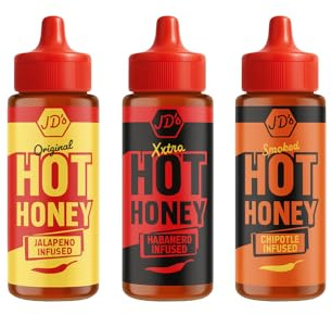 JD's Hot Honey 3 Sauces - Original, Xxtra Hot, Chipotle - 260g Bottles - Perfect for Pizza dip, burgers, tacos