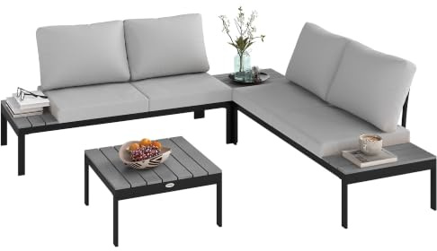 Outsunny 4 Piece L Shaped Garden Furniture Set 4 Seater Corner Sofa Grey | 2 Loveseats with Removable Backs, 2 Wood-Plastic Coffee Tables, Thick Cushions, for Outdoor