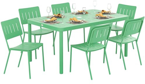 Outsunny Salon de Jardin extérieur 7 pièces, Table de Jardin extérieure avec 6 chaises, Plateau à Lattes 150 cm, Structure en Acier Anti-Rouille, mobilier de Jardin, terrasse, Patio, Vert