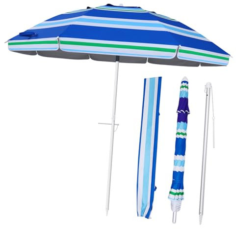 Toyvian 6.5ft Light Blue Striped Beach Umbrella with Aluminum Pole - UV Protection, Wind Resistant & Portable for Seaside Beach