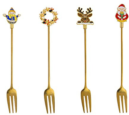 Set di 4 cucchiai natalizi in acciaio inox, forchetta per mescolare, cucchiaio, cucchiaio, forchetta, per mescolare bevande