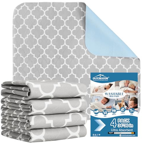 OUTCREATOR® Washable Bed Pads 34 x 36 (Pack of 4), Incontinence Mattress Protector, Anti-Slip Waterproof Underpads for Adults Kids Elderly Pets, Absorbency & Reusable Bedwetting Pads (Gray)