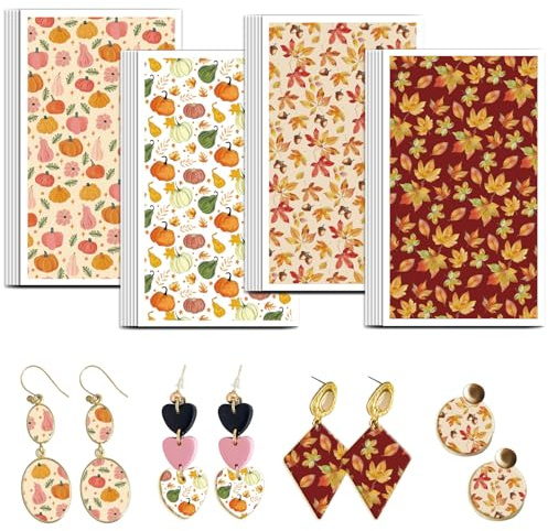 OLYCRAFT 24pz 4 Stile Carta da Trasferimento in Argilla con Tema Autunnale Carta da Trasferimento per Fogli di Argilla Polimerica con Zucca e Foglie per Orecchini e Creazione di Gioielli