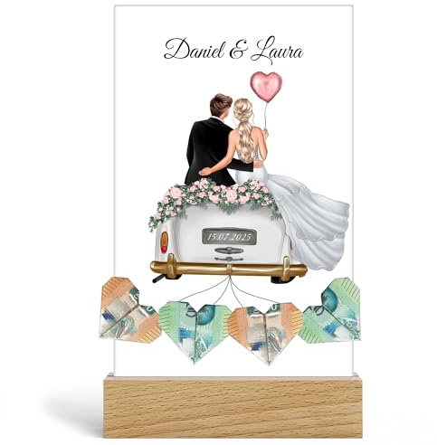 Kiddle-Design Geldgeschenk Hochzeit, Personalisiertes Hochzeitsgeschenk Acrylglas mit Namen und Brautpaar - Geld Verpackung Hochzeit Geschenk - Hochzeitskarte inkl. Holzfuß mit Datum und Name