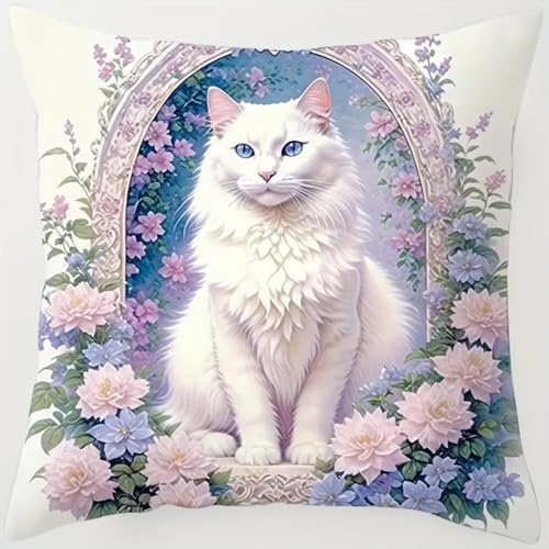 ANSIWEIGO DIY Knüpfkissen Set Komplett mit allem Zubehör und Wolle - Einfaches Kissen Knüpfen Set für Zuhause - Latch Hook Kit - Blume weiße Katze