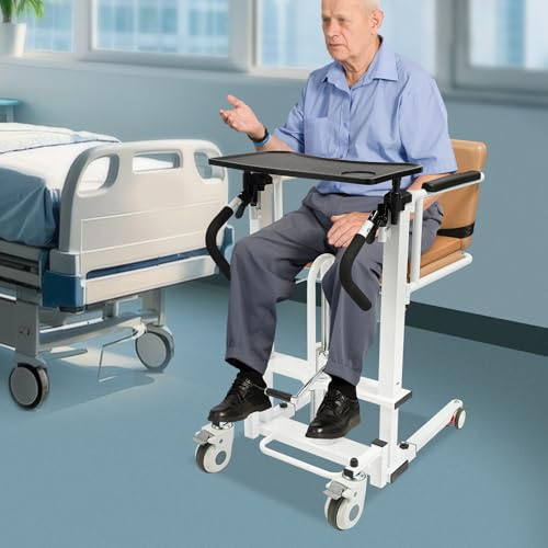 DSYOGX Hydraulischer Drehstuhl, 100kg Tragfähigkeit Hydraulische Patientenlift-Rollstuhl, Lift Transfer Chair mit Tisch und 4 Räder mit Bremsen, Transferhilfen für Haushalte, Krankenhäuser, Pflegeheim