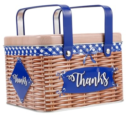 FUNNETOYU Lata de Metal Azul para Galletas con Diseño Único de Imitación Ratán, Fácil de Abrir y Transportar, Adecuado para Decoraciones de Fiestas y Almacenamiento de Pequeños Objetos