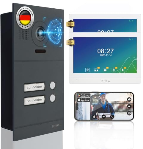 Mathfel 2-Draht IP Video-Türsprechanlage mit Türöffner – Full-HD Kamera, 10 Monitor & App-Steuerung – Smarte Video-Türklingel mit Gegensprechanlage (Anthrazit, 2 Klingeltaster)