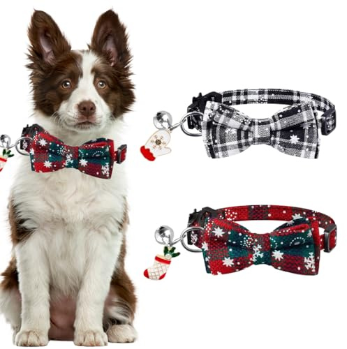 2 Stück Weihnachte-Katzenhalsband mit Glocke, Verstellbar Schleife Katzenhalsband Soft Katzen Halsband, Weihnachtshandschuhe Weihnachtsstrumpfe Anhänger Katze Weihnachten Kostüm Collar