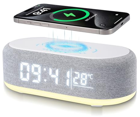Réveil Numérique 4 en 1, Chargeur sans Fil, Réveil Intelligent avec Affichage de la lumière et de la température, luminosité réglable