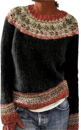 YCBMINGCAN Maglione da donna in stile norvegese, morbido maglione invernale in ciniglia grossa, maglia a maniche lunghe con motivo jacquard, maglione rotondo casual