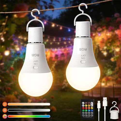 Ketom RGB Bombilla Recargable E27 con Mando, Bombilla Inalambrica 7W | 2 Piezas Bombilla Sin Cable, 3 Temperaturas de Color & Regulable, Temporizador, para Acampadas Iluminación de Emergencia