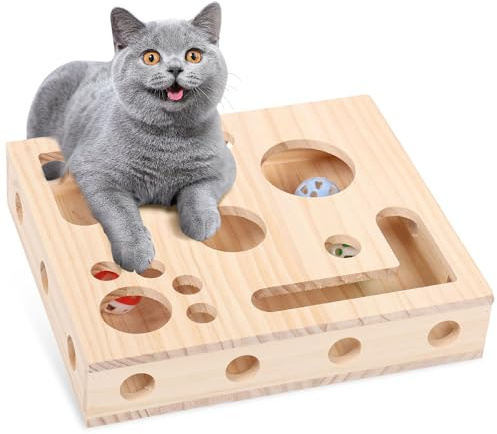 Katzen Krallenpflege Spielzeug,Holz Katzen Nagelfeile Kratzer, 30 * 26cm,Katzenspielzeug,Interaktive KatzenNagelfeile Box mit 3 Glocken, Katzenliebhaber(Stil 1)