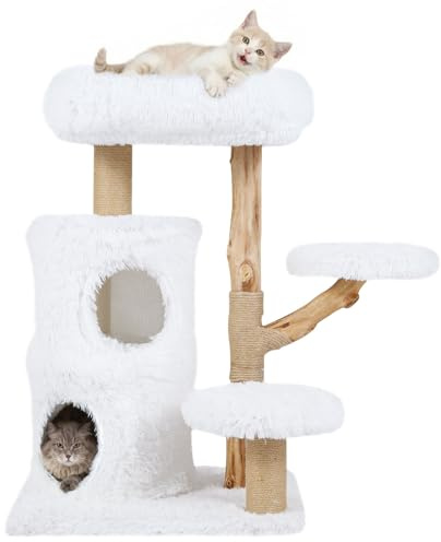 COSTWAY 93 cm Árbol Rascador para Gatos de Madera Maciza, Torre para Gatos con Ramas de Madera Real, Postes Rascador, Condominio de 2 Pisos, Percha Superior de Peluche y Plataformas Acolchadas, Blanco