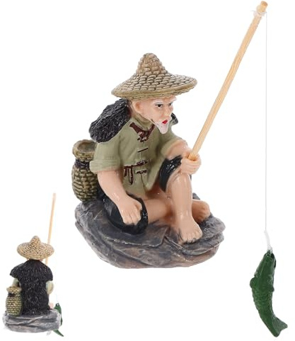 Old Man Fishing Figurine Aquarium Decor Fish Tank Decorative Accessory Miniature Fisherman Statue for Bonsai Landscape and Micro Aquatic Garden Ornaments