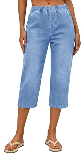 Pantalon 3/4 Jean Coupe Droite, Pantalon Capri Femme Été Fluide Casual Droit Jeans Mi-Mollet Casual Pantacourt avec Poche Taille Basse Elastique Couleur Unie Respirant Quotidien pour Le Travail