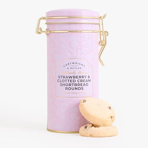Cartwright & Butler Strawberry and Clotted Cream Shortbreads in Tin, Buttery Shortbread Biscuits with Strawberry Pieces & Clotted Cream, Premium Biscuit Gift Tin, 150g