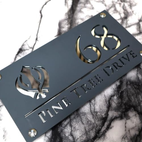 K Smart Sign Luxe Sikh House Sign - Targa personalizzabile con numero civico e nome con simbolo Sikh Khanda, 3D in acrilico tagliato al laser, per esterni, 180 x 140 mm (grigio opaco e argento