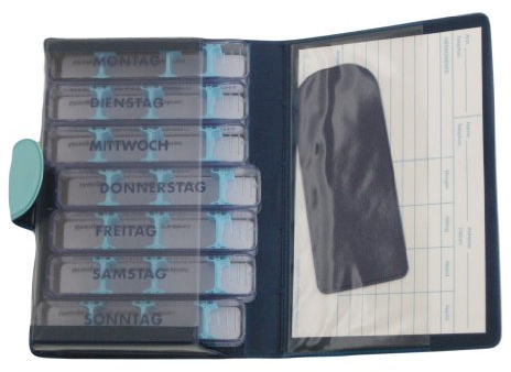 Medikamentendosierer, Medidos – SOFT, hellblaudunkelblau, Angaben in Deutsch, Taschentasche, 7 Einzeltage, 28 variable Fächer, für Medikamente mit geringem Volumen Robuste Schutzhülle, Hartschale,