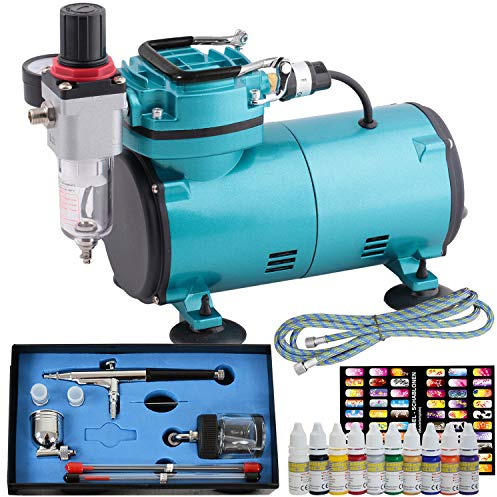 Airbrush Set Kompressor Compact II Airbrush KomplettSet mit 10*10ml Nail Farben Set Kit mit sehr leisem Airbrush Kompressor / Universal Airbrush-Pistole Double-Action mit 3 Düsen und Druckluftschlauch
