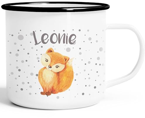 SpecialMe Emaille-Tasse mit Namen Fuchs Füchsin Motiv Emaille-Becher personalisierte Geschenke Frauen Namensbecher Weiss-schwarz Emailletasse