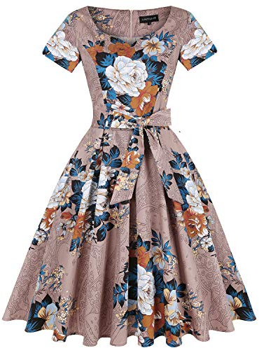 MINTLIMIT Women's Bridesmaid Vintage Tea Dress Sweetheart Homecoming Party Swing Cocktail Dress (Floral Light Brown,Size XXL)