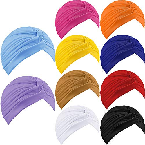 Geyoga 10 Pcs Head Wraps Turbans for Women Stretchy Chemo Cancer Headwears Twisted Pleated African Hat Cover, Multicolor(Assorted Colors)