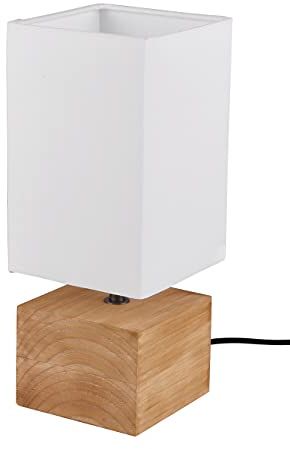 Reality Leuchten Woody R50171030 - Lampada da tavolo in legno marrone, paralume in tessuto bianco, 1 x E14, 12 x 12 cm