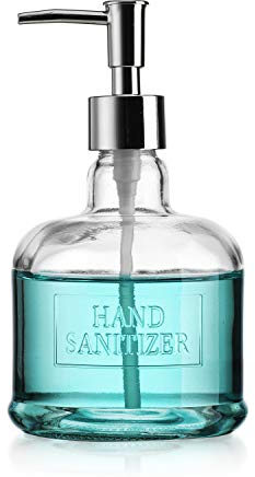 Elegant Home 18 Oz 7 Clear Embossed Glass Hand Sanitizer Dispenser Holder Bottle - Refillable, Acrylic Pump Ideal for Soap, Body Lotion, Essential Oil, Great for Bathroom & Kitchen