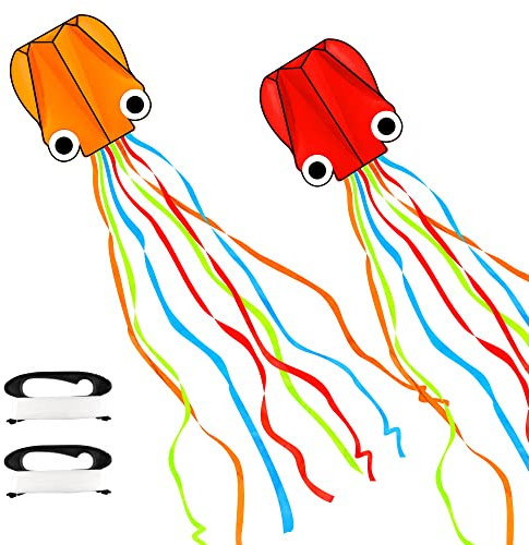 YSBER 2 Pack Large Octopus Kites 13.8ftx2.3ft - 3D Mollusc Octopus with 157 Inches Long Colorful Tail Easy to Fly Come with Handle & 328ft String for Kids Adults Outdoor Activities Beach Park Trip