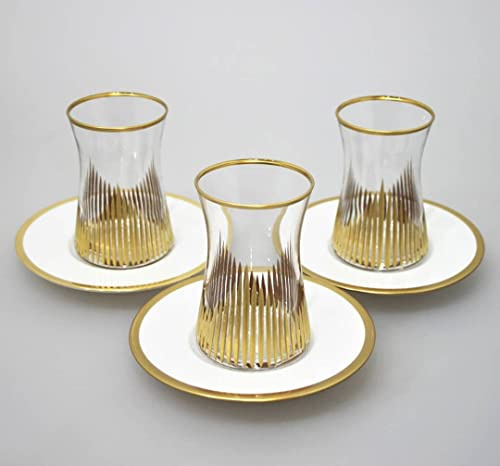DECOSTYLE Turkish Tea Set - Matte Gold, Vintage Handmade Set, 6 Glasses & Plates, 12 pcs, Capacity: 5 1/4 US oz 160 cc (Black & White)
