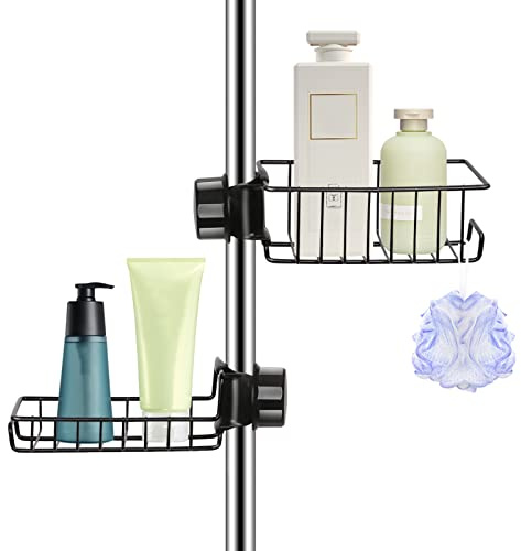 2 Pack Shower Rack No Drill, Rust-free organizer, Black Bathroom Organizer | for 18-27mm riser rail shower caddy no drill, Shampoo Holder Sponge Holder, Stainless Steel Shower Shelf