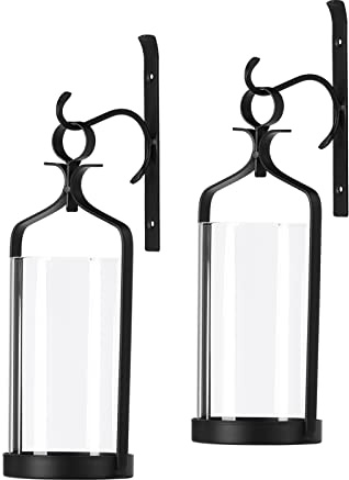 Souliron Hanging Hurricane Glass Wall Sconce Candle Holder Black Metal Wall Decorations Set of 2 HLJ15-291B2