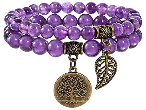 Farfume Chakra Pulseras para Mujer - Pulsera Cristales Mujer Piedras Naturales Yoga Reiki- Un Conjunto de Pulseras Dobles(Amatista(Medio)