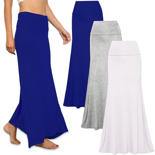 Free to Live - Paquete de 3 Faldas largas de Cintura Alta Plegables para Mujer, Estilo Acampanado, Longitud al Suelo, Gris Jaspeado, Azul Real, Blanco, Large