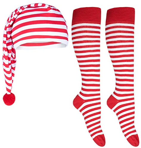 Goldschmidt Ringelstrümpfe & Zipfelmütze | Set für Erwachsene & Kinder | Kniestrümpfe Schlafmütze Ringel Streifen | Fasching Karneval | rot-weiß 43-46