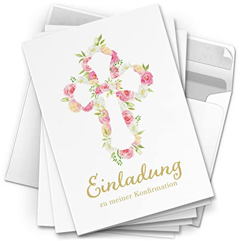 10 Einladungskarten Konfirmation - Motiv Rosen Kreuz - moderne Klappkarten mit Umschlägen - Einladungen zu Konfirmationsfeier Einladung Karten