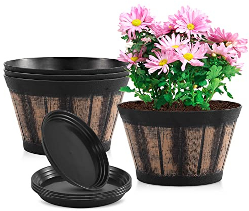 Lot de 4 Pots de Fleurs en Forme de tonneau à Whisky avec Trous de Drainage et Soucoupe - Pots de Fleurs décoratifs en Plastique Imitation tonneau de vin - pour intérieur et extérieur, Jardin, Maison