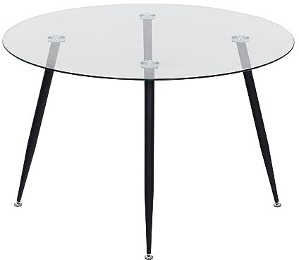 MOG CASA Mesa de Comedor Fija Redonda Corin | 120 x 120 x 75 cm | Ideal para Cocina o Salón | Ideal para 4 a 6 Personas | Tablero de Cristal Transparente | Patas de Metal en Negro