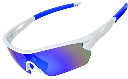 JOGVELO Polarisierte Sonnenbrille, Sportsonnenbrille Radbrille TR90 Anti-Fog mit 5 Wechselobjektiven UV400 Herren Damen wie Radfahren Laufen Klettern Autofahren Angeln Golf, Weiß&Blau