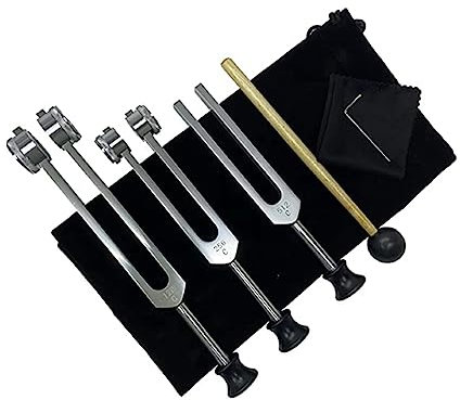 Fxndknjks Stimmgabel-Set (128 Hz, 256 Hz, 512 Hz) für die Therapie mit Silikonhammer, Reparaturwerkzeug, Reinigungstuch und Aufbewahrungstasche