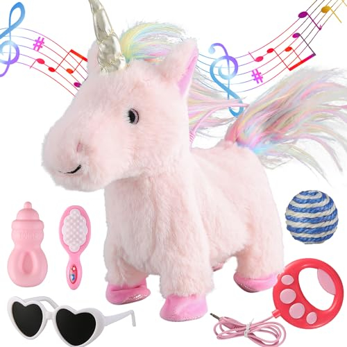 Walking Unicorn Toy Set Singing Dancing Electronic Plush Pony with Leash, Touch Control Realistic Footsteps, Nodding, Tail Wagging, Pretend Dress Up Cute Wings Unicorns Animated Pet Gift for Girl